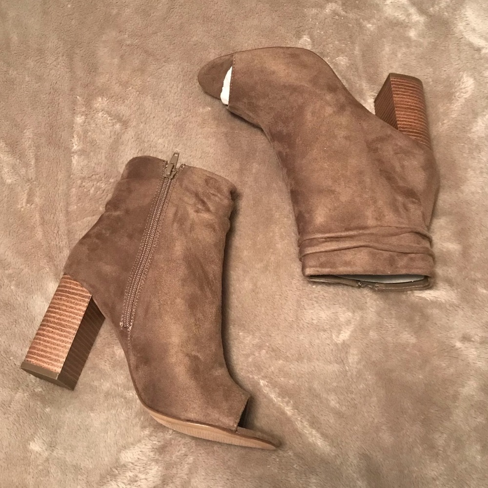 Tan Peep Toe Suede High Heel Booties